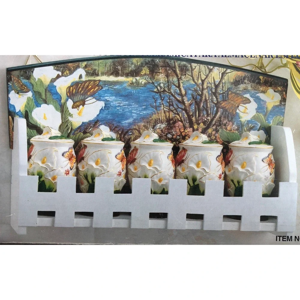 Vtg Butterfly Wooden Spice Rack 5 Jars For Spices 3-D Butterflies Calla Lily New